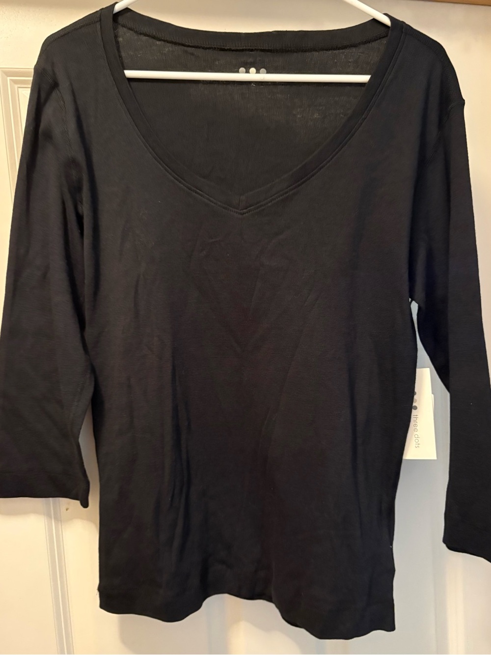 Three Dots Womens XL Black V-Neck 3/4 Sleeve Cotton Tee Shirt Casual Essential